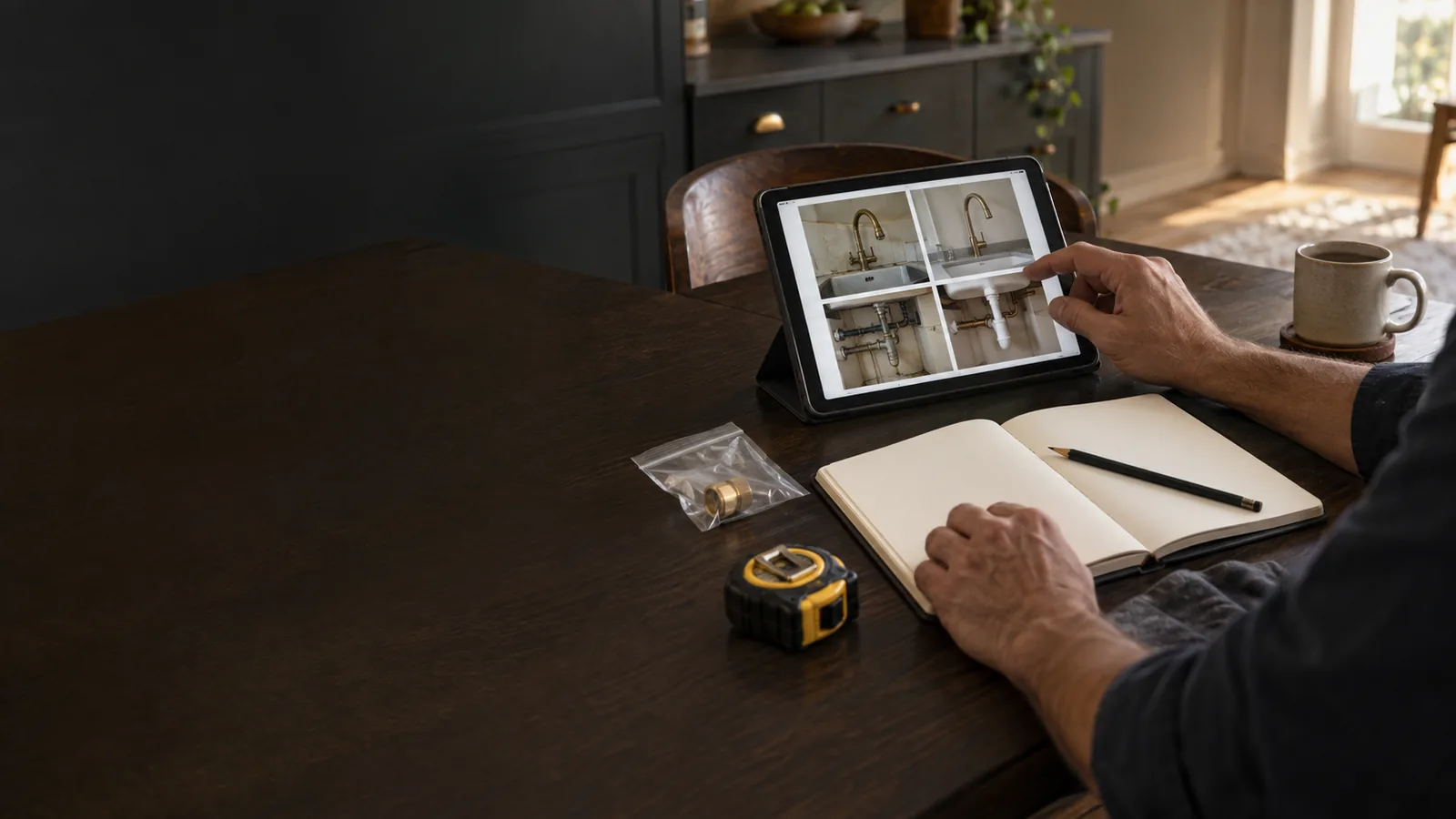 Professionnel organisant des photos avant et après sur une tablette avec un carnet