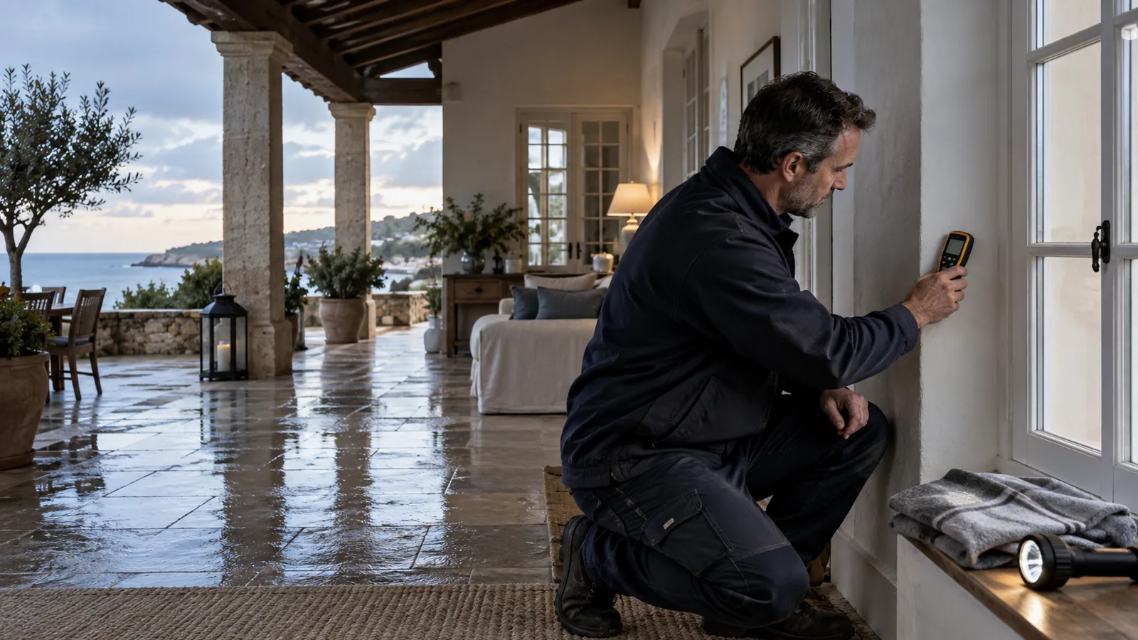 Professionnel utilisant un humidimètre près d’une fenêtre après un épisode de pluie