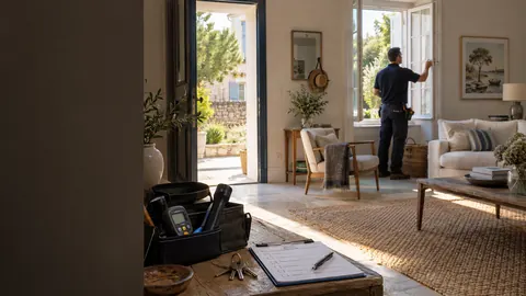 Professionnel contrôlant une fenêtre dans une résidence lumineuse après une longue absence