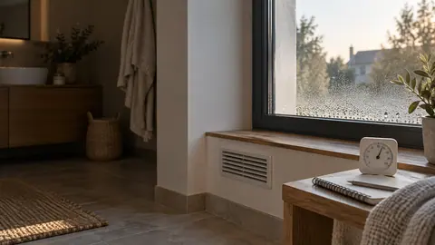Fenêtre embuée dans une salle de bain claire avec grille de ventilation visible