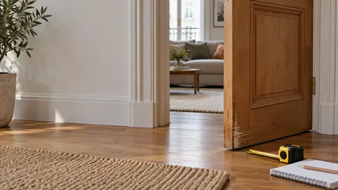 Porte intérieure en bois entrouverte avec mètre et carnet à proximité