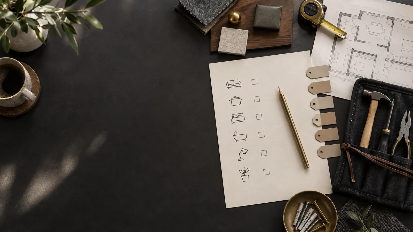Checklist illustrée, plan et outils organisés pour préparer de petits travaux