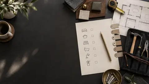 Checklist illustrée, plan et outils organisés pour préparer de petits travaux