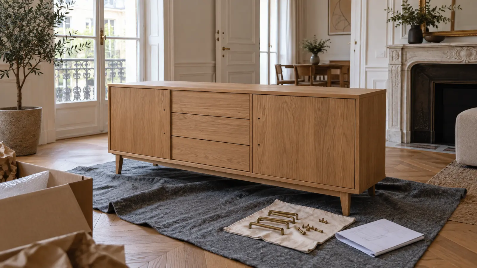 Buffet en bois, poignées et accessoires disposés dans un appartement avant montage