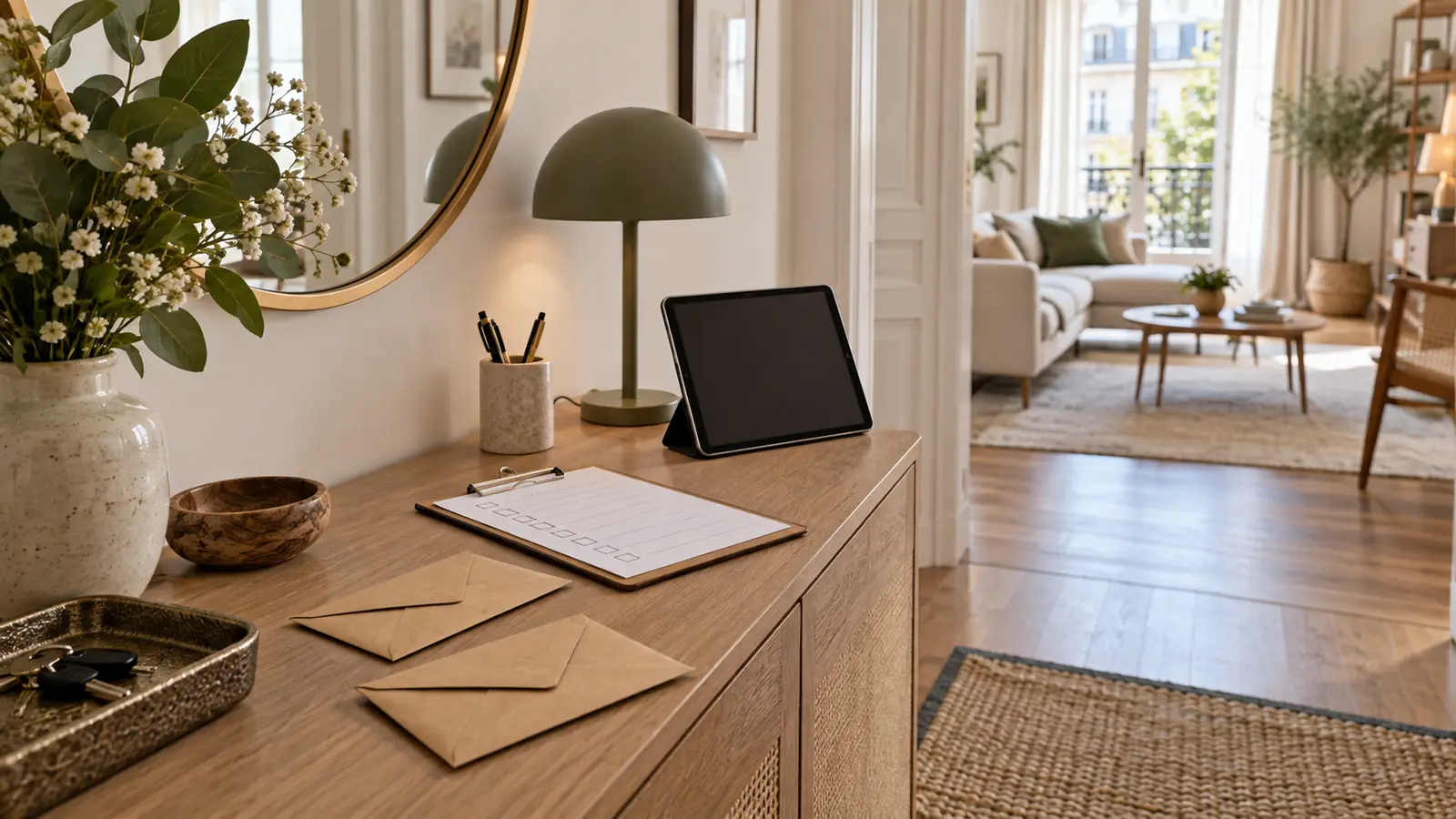 Enveloppes de clés, tablette et fiche de contrôle sur une console d’entrée