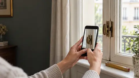Photographie d’une fermeture de fenêtre avec un téléphone et une règle pour l’échelle