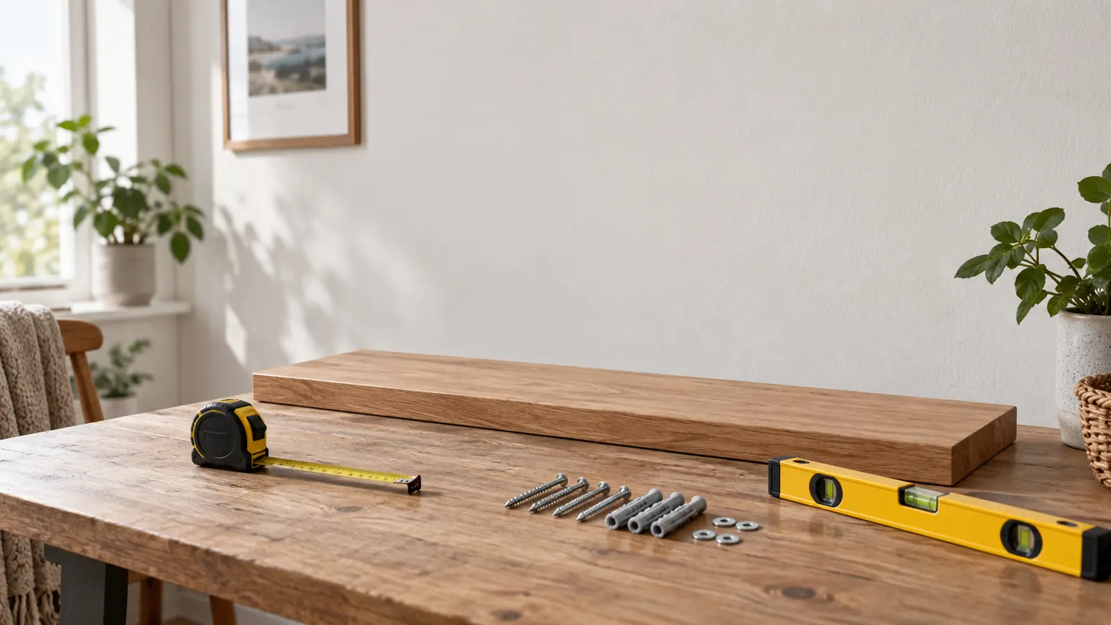 Étagère, niveau, mètre et fixations disposés sur une table avant une pose murale