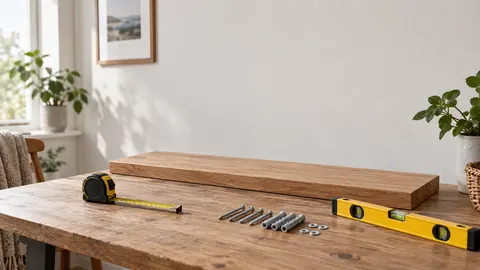 Étagère, niveau, mètre et fixations disposés sur une table avant une pose murale