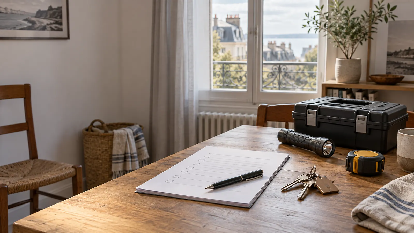Clés, liste de contrôle et outillage réunis sur une table avant une visite de maintenance