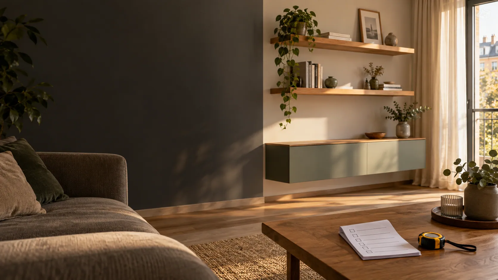 Personne vérifiant la finition d’un meuble et notant des observations dans un appartement