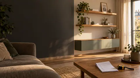 Personne vérifiant la finition d’un meuble et notant des observations dans un appartement