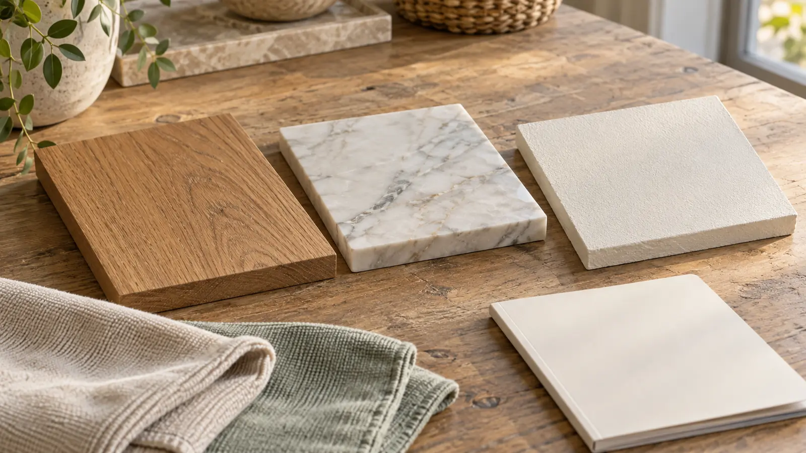 Échantillons de bois, pierre et enduit avec chiffons doux et carnet