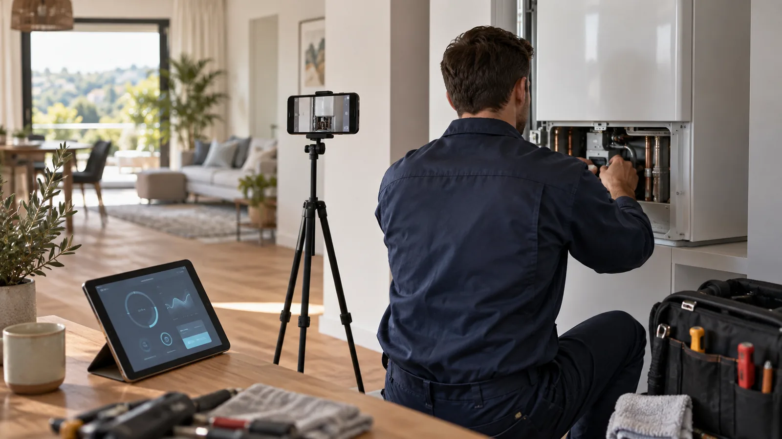 Intervention technique documentée avec un téléphone et une tablette