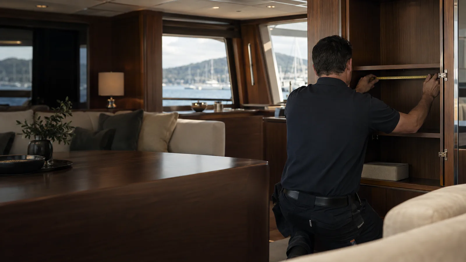 Professionnel mesurant un rangement en bois dans le salon d’un yacht amarré