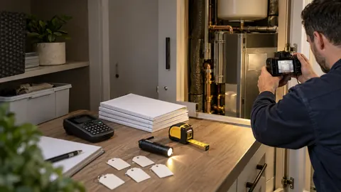 Professionnel photographiant la plaque d’un équipement avec des notices et des étiquettes neutres