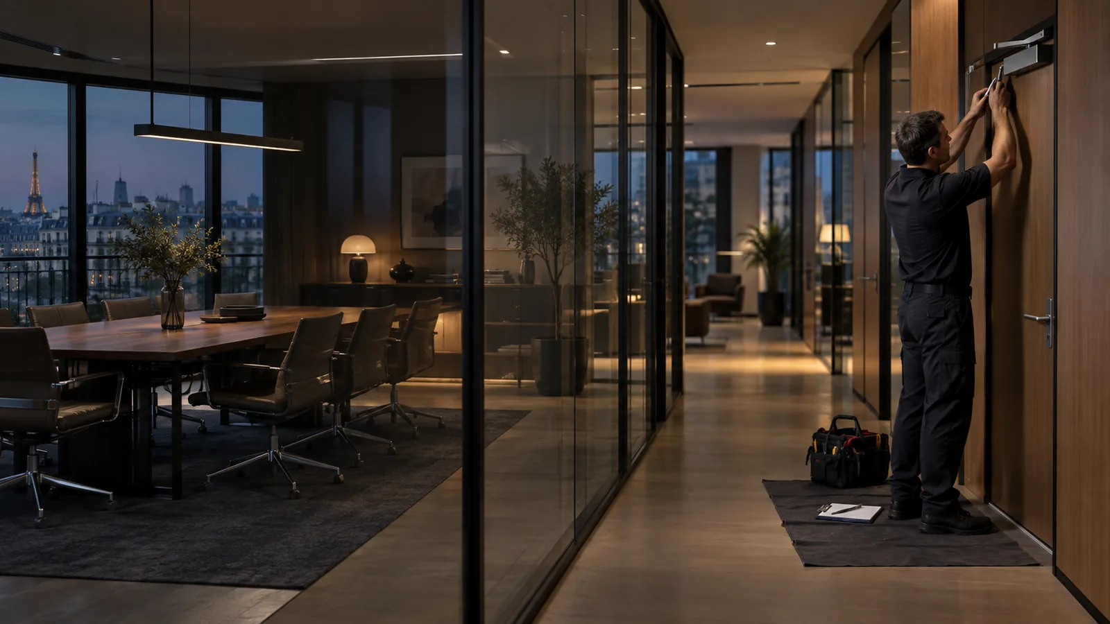 Professionnel réglant un ferme-porte dans un bureau vide en début de soirée