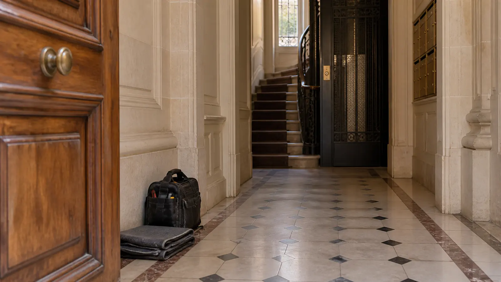 Sac d’intervention préparé dans le hall d’un immeuble parisien avec escalier et ascenseur