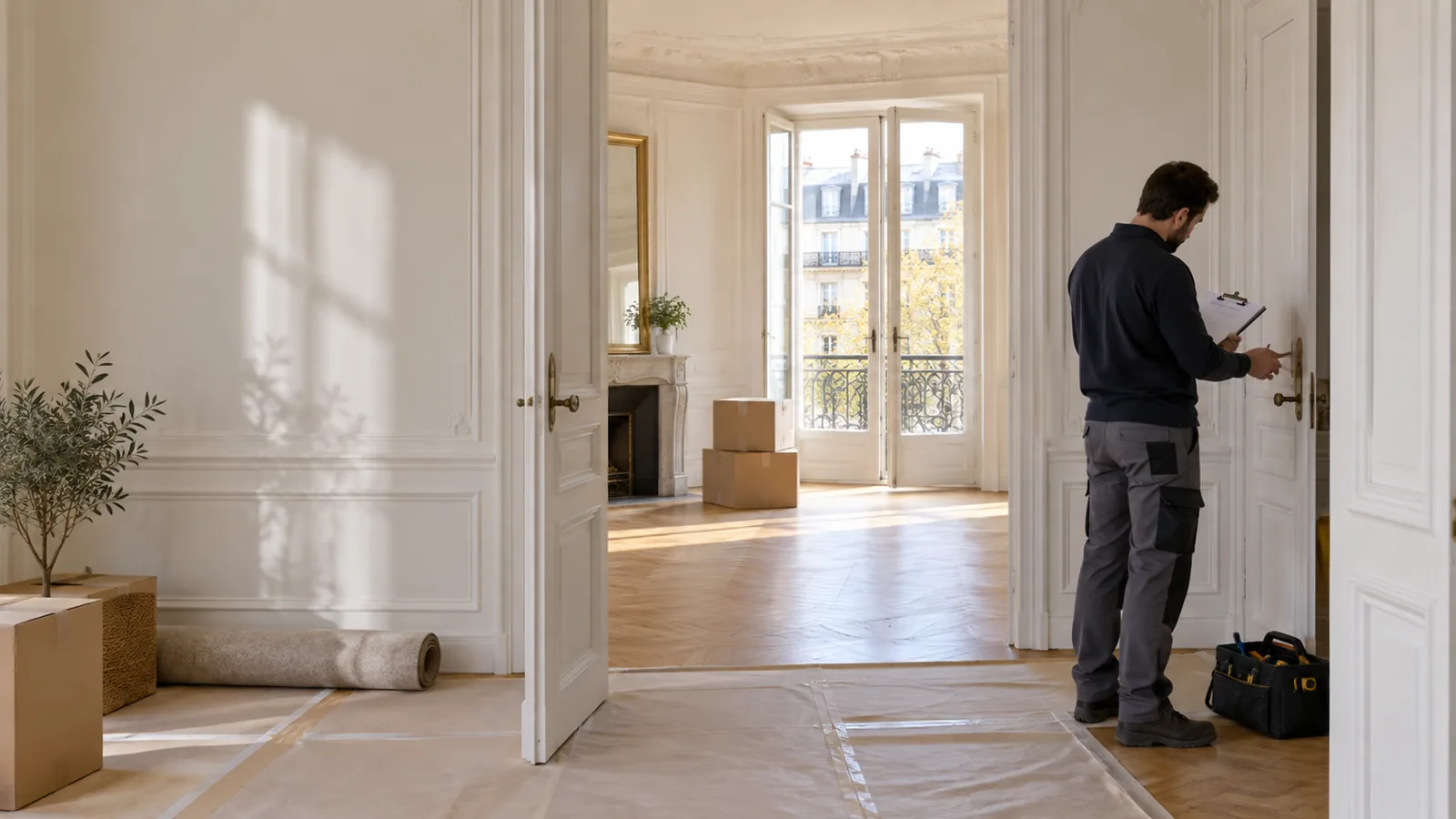 Professionnel vérifiant une poignée de porte dans un appartement parisien avant emménagement