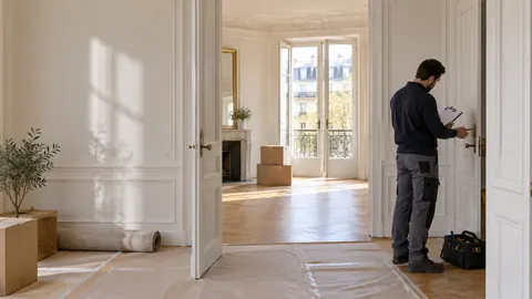 Professionnel vérifiant une poignée de porte dans un appartement parisien avant emménagement