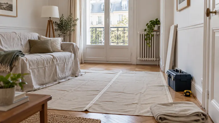 Sol recouvert de protections en toile, canapé protégé et boîte à outils dans une pièce habitée