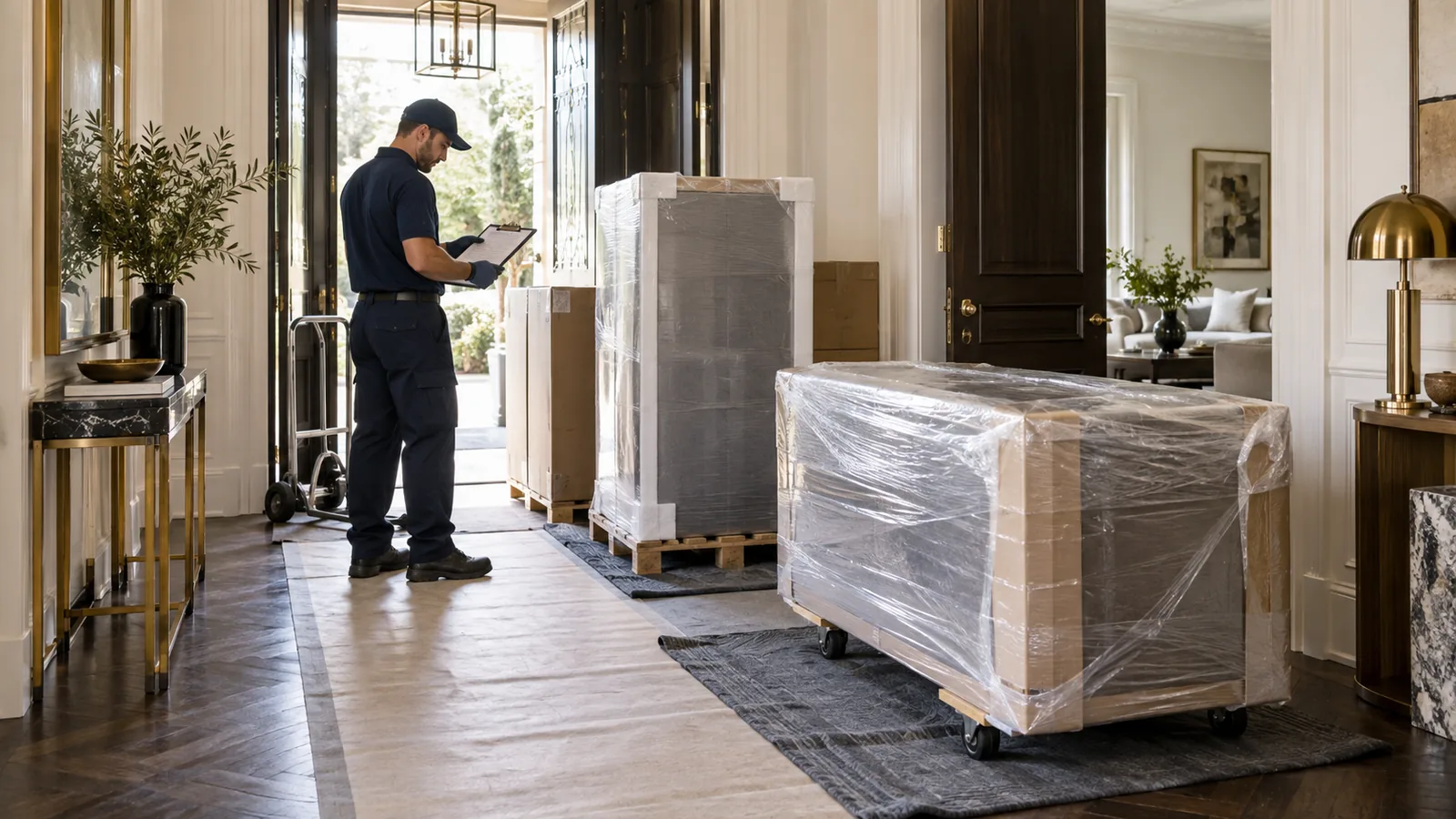 Professionnel contrôlant des colis de mobilier lors d’une livraison