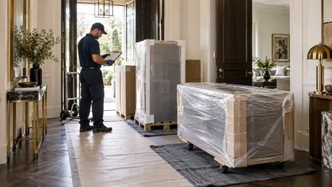 Professionnel contrôlant des colis de mobilier lors d’une livraison