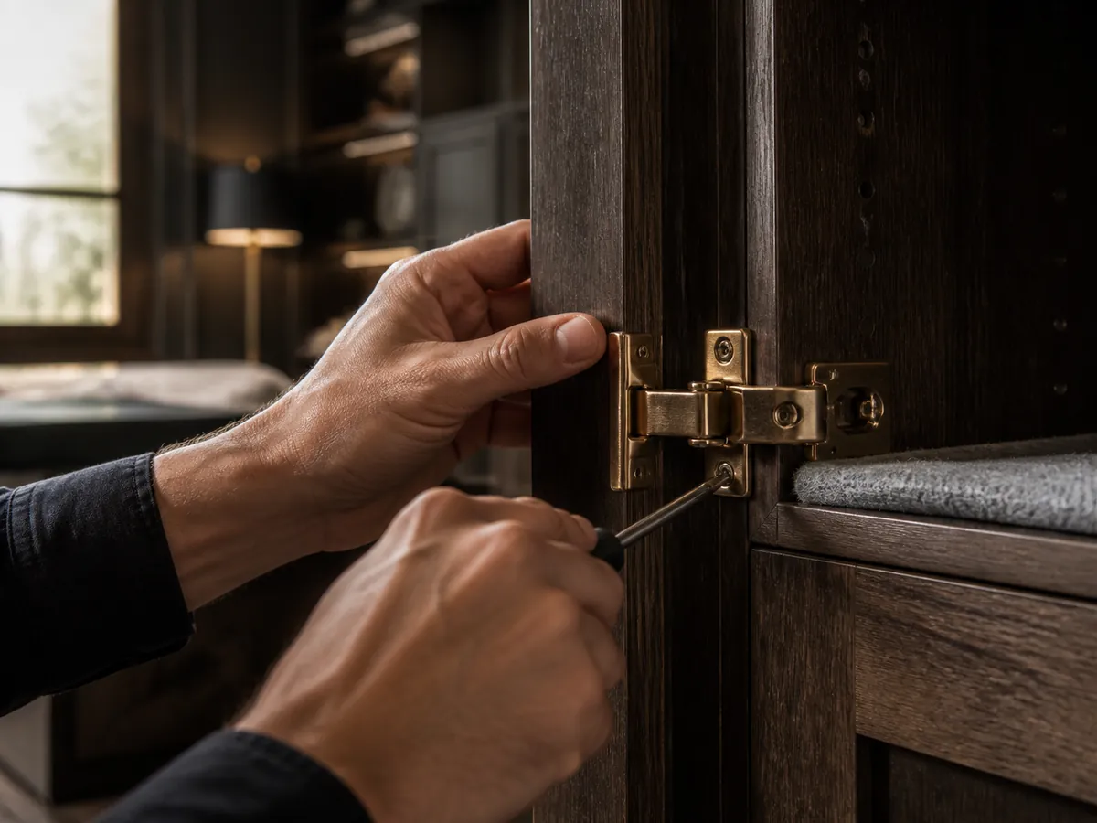 Präzise Einstellung eines Messingscharniers an einem Holzmöbel