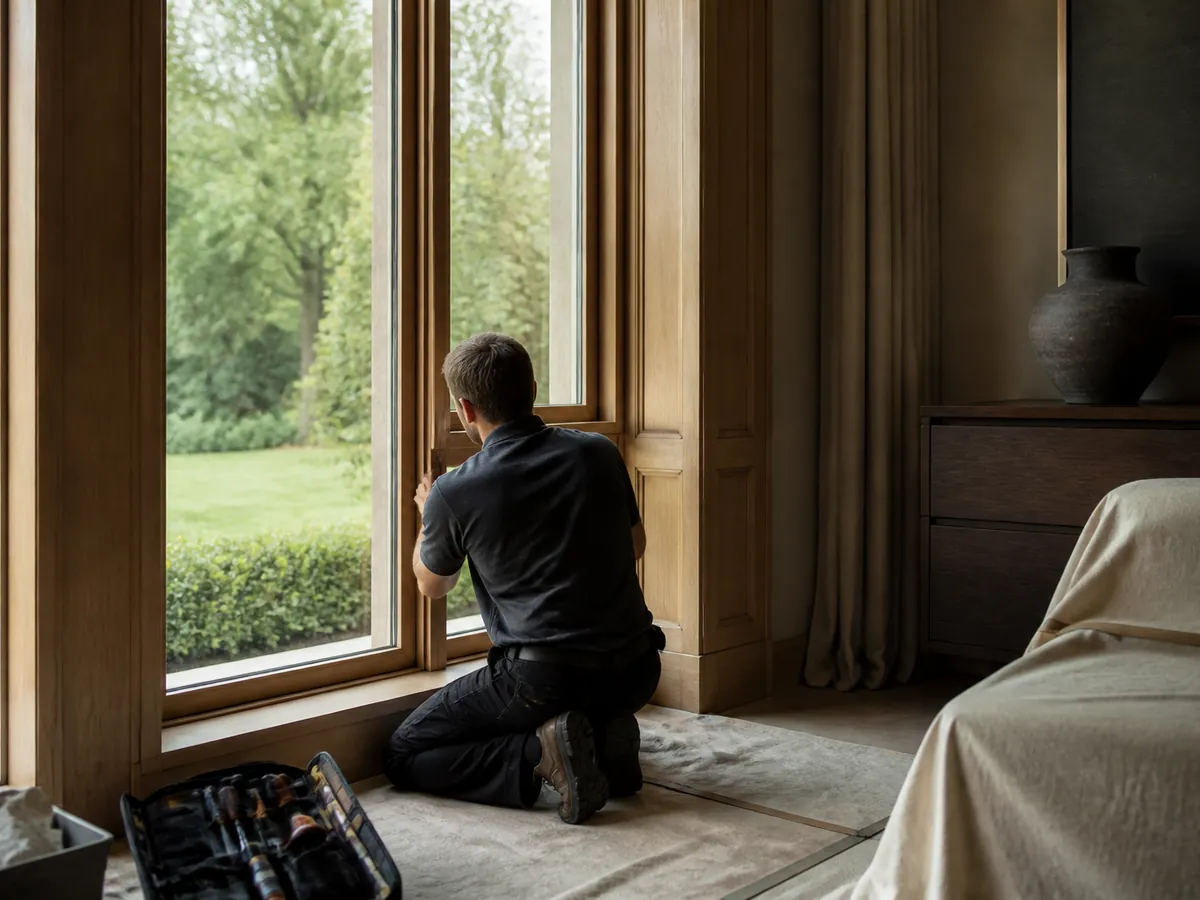 Einstellung eines Holzfensters in einer privaten Residenz