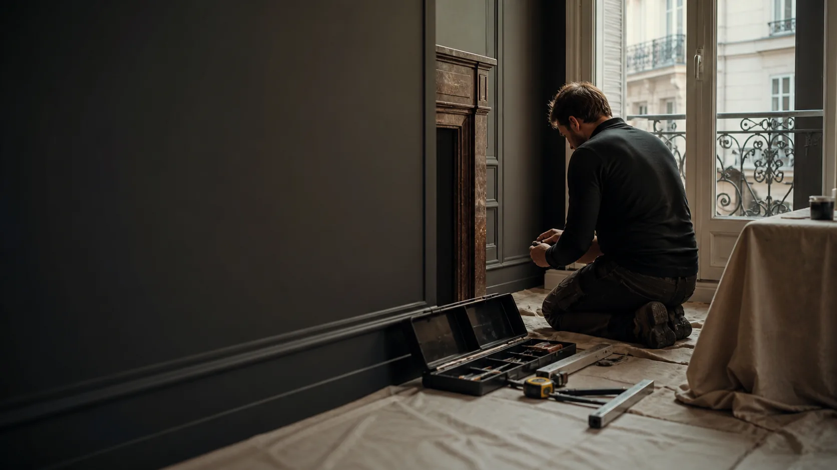 Artisan préparant une intervention soignée dans un appartement parisien